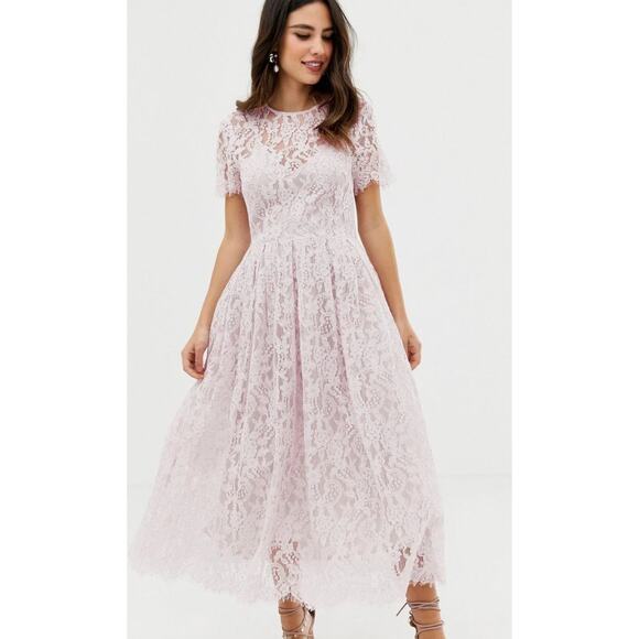 NEW ASOS Pastel Pink Lace Midi Dress Size 8 Ribbon Tie And Open Back Party - Picture 3 of 14